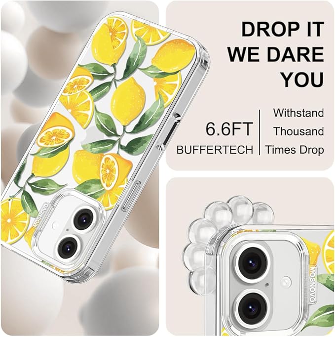 MOSNOVO Case for iPhone 16, [Buffertech 6.6ft Military-Grade Drop Protection] [Anti Peel Off Tech] Clear TPU Bumper Phone Case Cover Design - Lemon