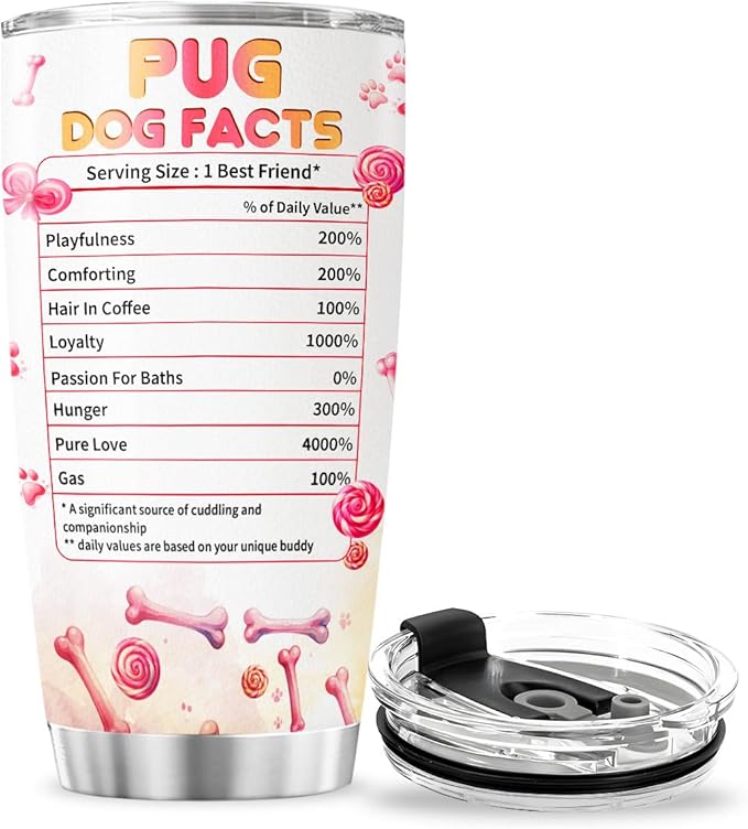 Pug Dog Facts, Dog Mom Gifts, Women Mother Mama Handle Tumblers Best Mothers Insulated For Cups Coffee Funny Day, Tumbler 20 Oz With Lid And Straw