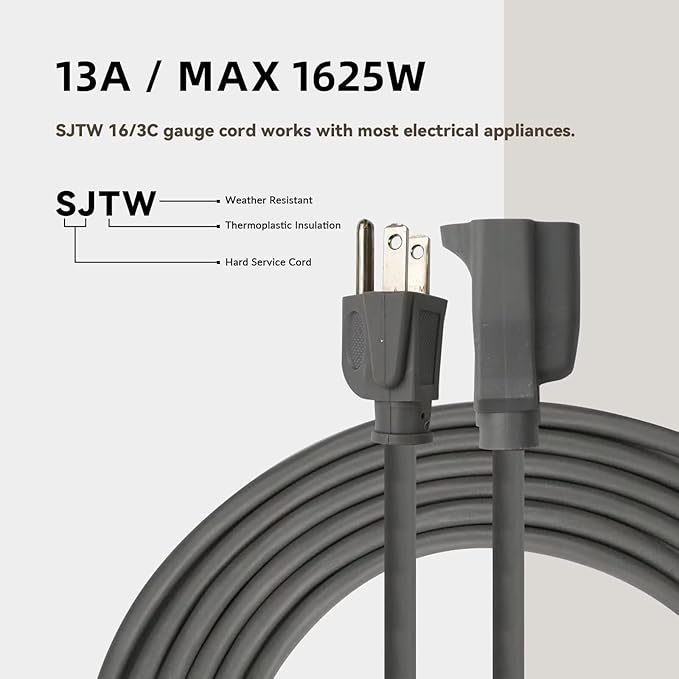12ft Outdoor Extension Cord for Christmas Decorations - 16/3 Heavy Duty SJTW Waterproof Gray Electrical Cable with 3 Prong Grounded Plug for Safety, Great for Lawn and Major Appliances