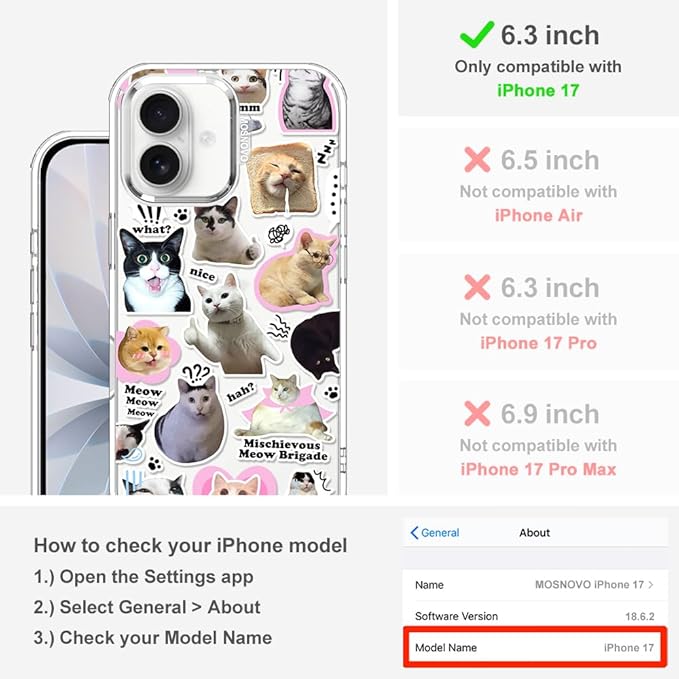 MOSNOVO for iPhone 17 Case | Military Grade 6.6ft Drop Tested | Camera Control | Clear with The Cat Brigade Design
