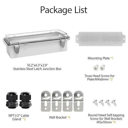 LeMotech Electrical Box, IP67 Waterproof Hinged Clear Cover Stainless Steel Latch Junction Box, ABS Plastic Electrical Enclosure with Mounting Plate,Wall Brackets, Cable Glands,10.2"x4.3"x2.9",Grey