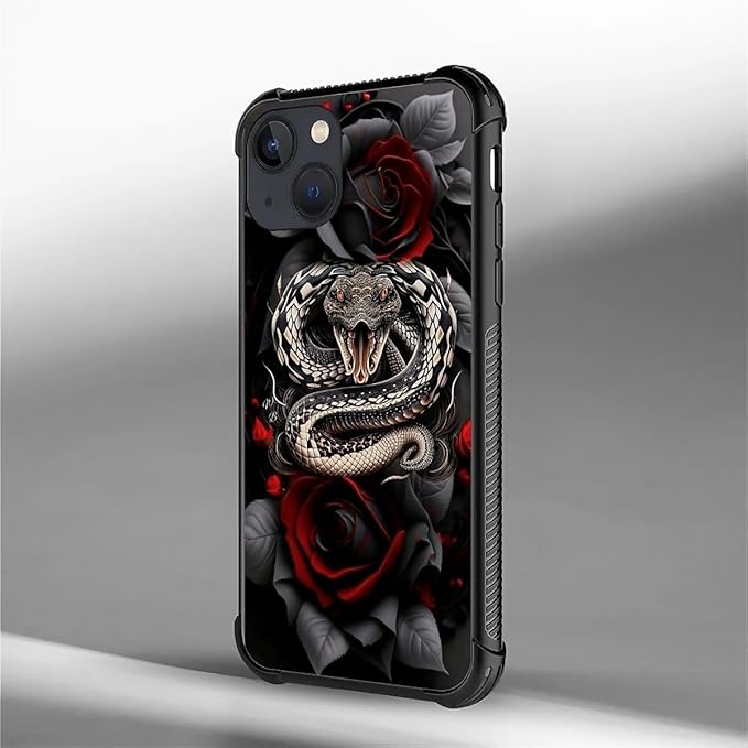for iPhone 13 Mini Case, Entwined Rose Snake Pattern Graphic Design Girl Boy Soft Silicone Hard Acrylic Shock Protection for iPhone 13 Mini