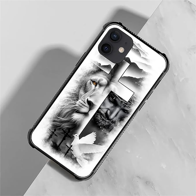for iPhone 12/12 Pro Case, Lion Cross Jesus Christ Dove Pattern Graphic Design Girl Boy Soft Silicone Hard Acrylic Shock Protection for iPhone 12/12 Pro