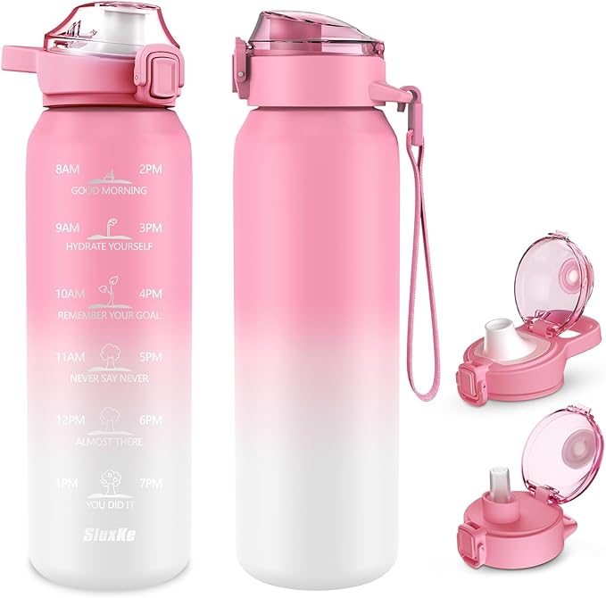 SLUXKE 32oz Insulated water bottle with 2 Lids (Straw and Chug Lid), 18/10 Stainless Steel Water Bottle BPA Free, Double Wall Vacuum Wide Mouth Insulated Water Bottle for Men, Women & Kids PINK WHITE