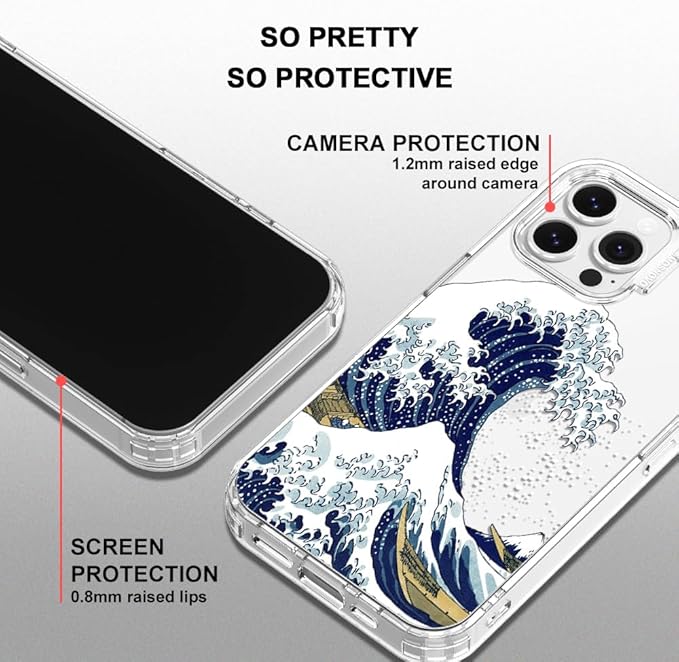 MOSNOVO Case for iPhone 13 Pro Max, [Buffertech 6.6ft Military-Grade Drop Protection] [Anti Peel Off Tech] Clear TPU Bumper Phone Case Cover Design - Great Wave