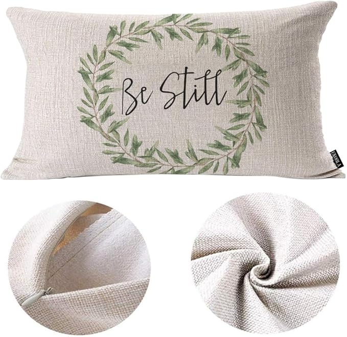 EKOBLA Rustic Be Still Rectangle Throw Pillow Case Green Olive Wreath Leaves Waist Lumber Cotton Linen Cushion Cover Oblong Rectangle Pillowcase for Men Women Home Decoration Bedroom 12x20 Inches