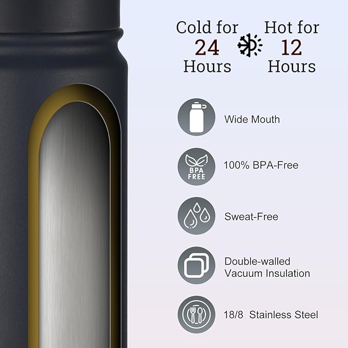 mininoo 24 oz Insulated Water Bottle with Straw Lid, Stainless Steel Double Wall Vacuum, Leak Proof, BPA Free, Keep Cold for 24H & Hot for 12H-2 pack(Black)