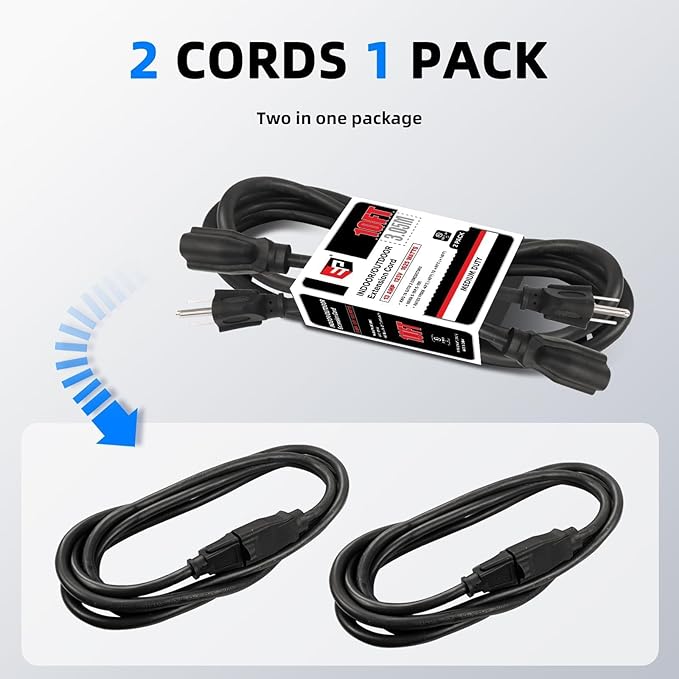 EP 2 Pack 10FT Black Outdoor Extension Cord, 16/3 SJTW Heavy Duty Waterproof, 3 Prong Grounded Plug, 13A 1625W 16AWG, Cold-Resistant Flexible Power Cable for Garden, Home, Christmas Lights