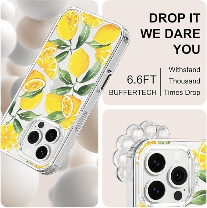 MOSNOVO Case for iPhone 16 Pro Max, [Buffertech 6.6ft Military-Grade Drop Protection] [Anti Peel Off Tech] Clear TPU Bumper Phone Case Cover Design - Lemon