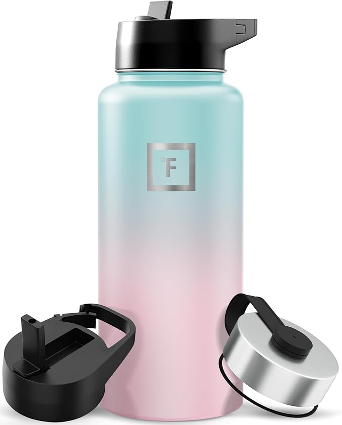 IRON °FLASK Camping & Hiking Hydration Flask with Straw, Wide Mouth Insulated Stainless Steel Sports Water Bottle - 32 oz Bubble Gum