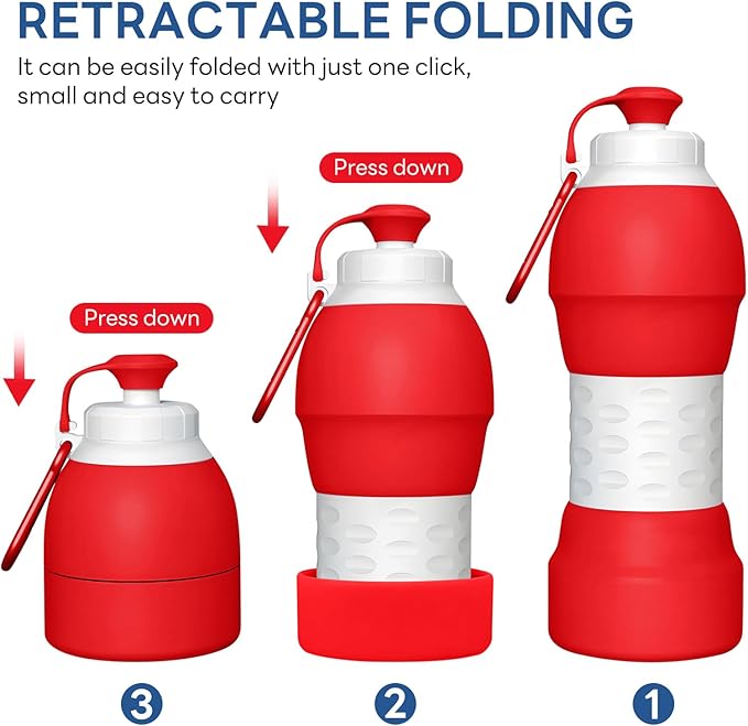 Collapsible Lightweight 20oz Water Bottle, Food-Grade Silicone BPA Free, Foldable Portable Leak Proof Office Travel Cycling Sports Outdoor Water Bottle with Vertical Hook (red, Short nozzle)