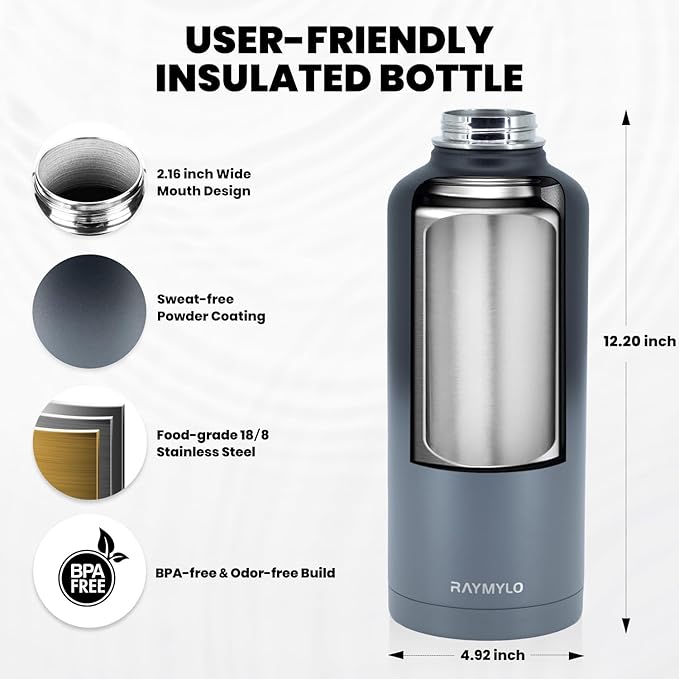 RAYMYLO Insulated Water Bottle 87 oz, Triple Wall Vacuum Stainless Steel (Cold for 48 Hrs), Leak Proof & Non-BPA, Modern Water Flask Jug with Paracord Handle & Straw Spout Lids, Dark Grey