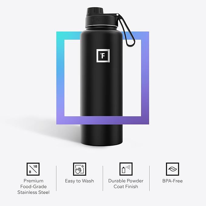 IRON °FLASK Camping & Hiking Hydration Flask with Spout, Wide Mouth Insulated Stainless Steel Sports Water Bottle - Dark Night 40 oz - Spout (1 Lid)