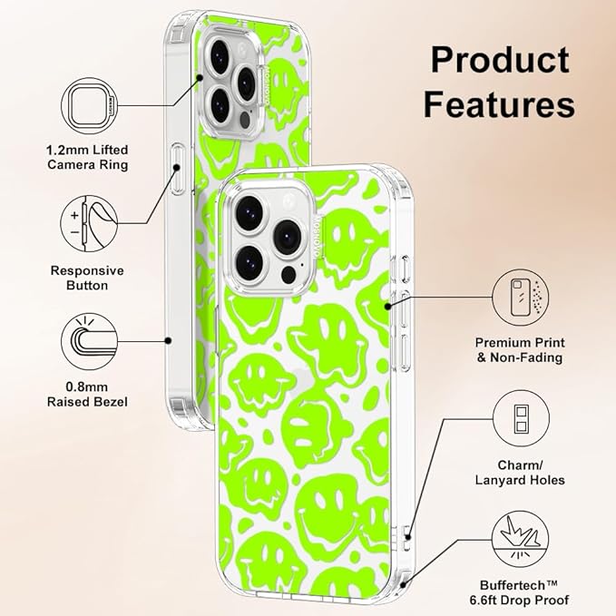 MOSNOVO Case for iPhone 14 Pro Max, [Buffertech 6.6ft Military-Grade Drop Protection] [Anti Peel Off Tech] Clear TPU Bumper Phone Case Cover Design - Distorted Green Smiles Face
