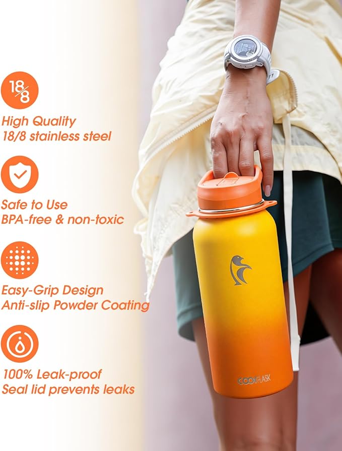 Coolflask Water Bottle with Straw, 32 oz Insulated Metal Water Flask with Straw & Spout Lids, Stainless Steel Double Wall Vacuum, Keep Cold 48h Hot 24h, Leak Proof, BPA-Free, Yellow/Orange