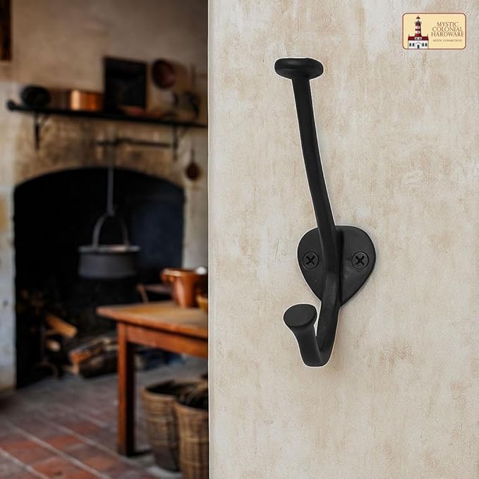 "Mystic Colonial Medieval Cast Iron Wall Hooks � Set of 2 (4 in x 3 in) Heavy Duty Dual Hooks for Coats, Hats, Keys & Bags | Rustic Black Metal Hangers | Strong, Sturdy & Decorative Wall Hardware"