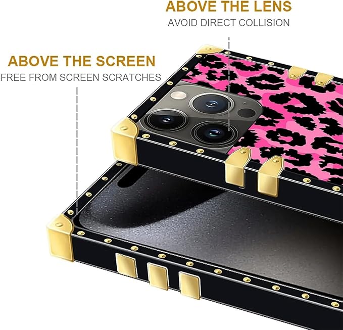Compatible with iPhone 16 Pro Max Case, Pink Black Leopard Luxury Golden Decoration for Girl Women Soft TPU Shockproof Protective Hard PC Back