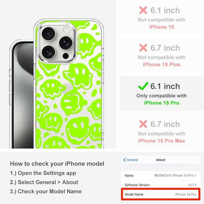 MOSNOVO Case for iPhone 15 Pro, [Buffertech 6.6ft Military-Grade Drop Protection] [Anti Peel Off Tech] Clear TPU Bumper Phone Case Cover Design - Distorted Green Smiles Face