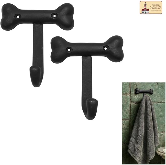 Mystic Colonial Medieval Cast Iron Bone-Shaped Wall Hook (Set of 2) | (3 in x 4 in) Rustic Gothic Decorative Hooks with Black Finish for Coats, Hats, Keys, Towels & Bags