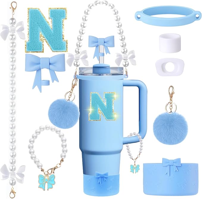 9pcs Stanley Cup Accessories Set- for 30oz 40oz Tumblers with Handle - Bule Kit Includes Bow Straw Topper and Boot, Charm, Pearl Handle Strap & Stickers - Aesthetic Girl Gifts (N)