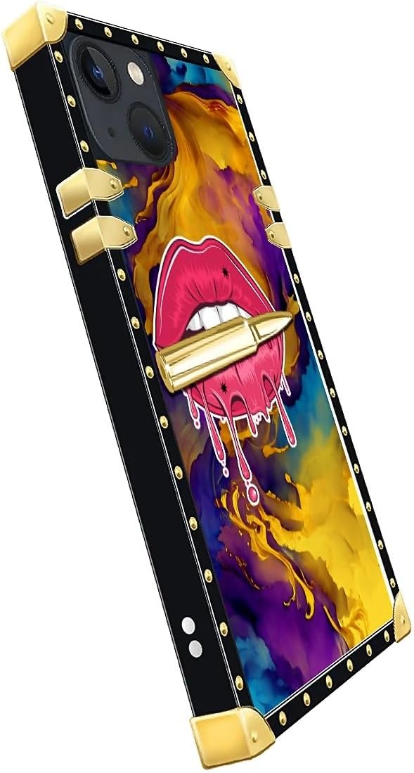 Compatible with iPhone 14 Case, Cool Corlorful Lip Marble Luxury Golden Decoration for Girl Women Soft TPU Shockproof Protective Hard PC Back for iPhone 14