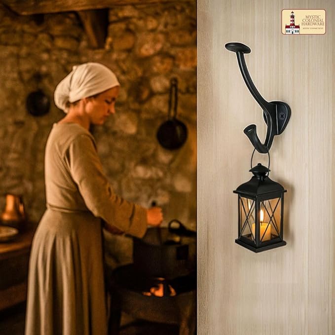 "Mystic Colonial Medieval Cast Iron Wall Hooks � Set of 2 (4 in x 3 in) Heavy Duty Dual Hooks for Coats, Hats, Keys & Bags | Rustic Black Metal Hangers | Strong, Sturdy & Decorative Wall Hardware"