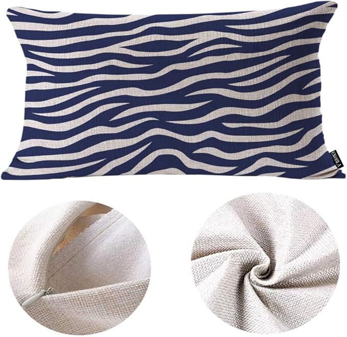 EKOBLA Zebra Stripe 12x20 Pillow Case Distressed Navy Blue White Animal Skin Print Wave Decorative Pillow Covers Cotton Linen Cushion Cover for Home Sofa Couch Decor 12x20 Inches