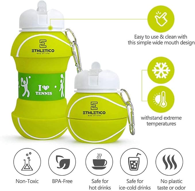 Collapsible Water Bottles with Carabiner Food Grade Sports Water Bottle for Gift Kids Folding Water Bottle for Hiking, School, GYM, School, Sports and Traveling 19oz/550ml (Tennis Ball)