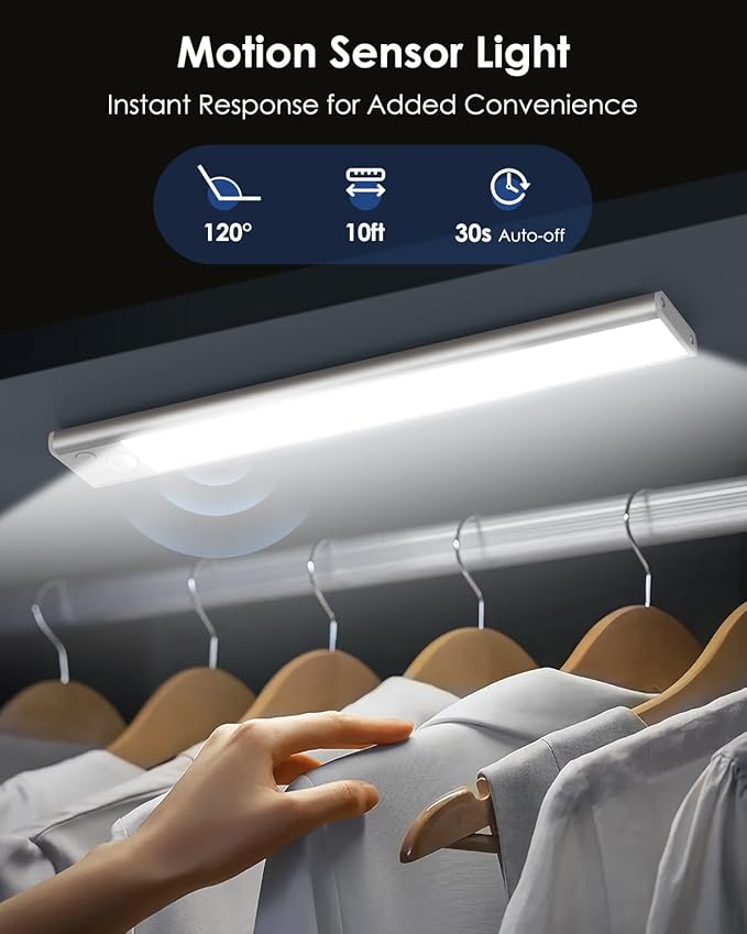 5-Pack Under Cabinet Lighting, 68LED 2000mAh Rechargeable Battery Operated Motion Sensor Light Indoor, 3 Color Wireless Dimmable Closet Lights, Magnetic Under-counter Light Fixtures for Kitchen, Home