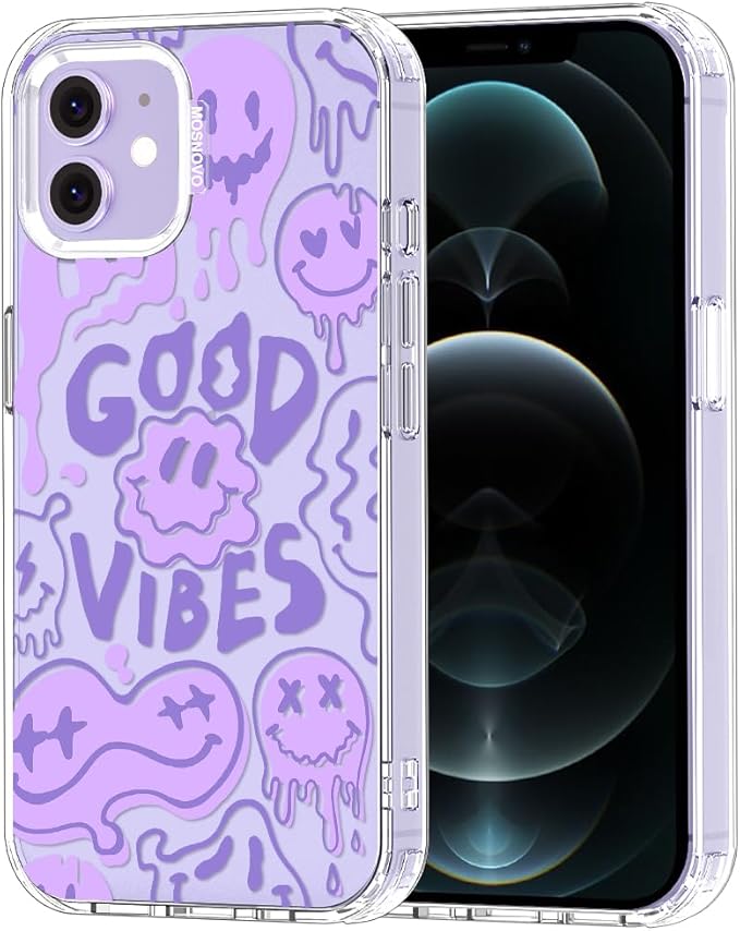 MOSNOVO Case for iPhone 12 & iPhone 12 Pro, [Buffertech 6.6ft Military-Grade Drop Protection] [Anti Peel Off Tech] Clear TPU Bumper Phone Case Cover Design - Good Vibes