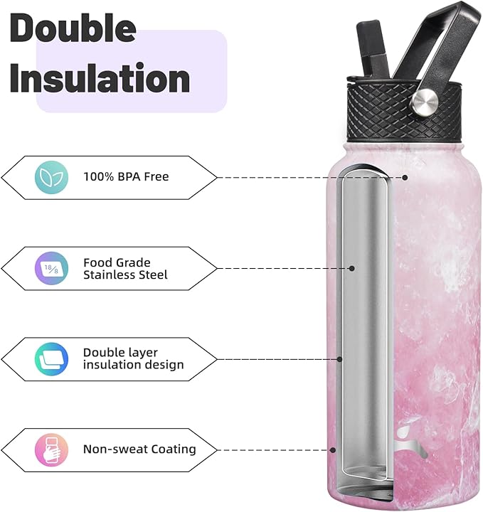 Konokyo 32 oz Insulated Water Bottle Stainless Steel Sport Bottles with 3 Lids,Marble Blossom