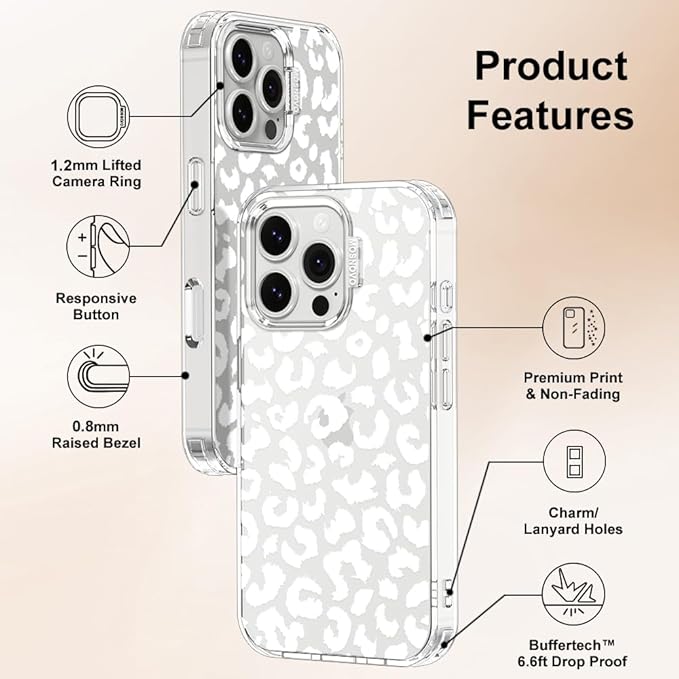 MOSNOVO Case for iPhone 16 Pro, [Buffertech 6.6ft Military-Grade Drop Protection] [Anti Peel Off Tech] Clear TPU Bumper Phone Case Cover Design - White Leopard Print
