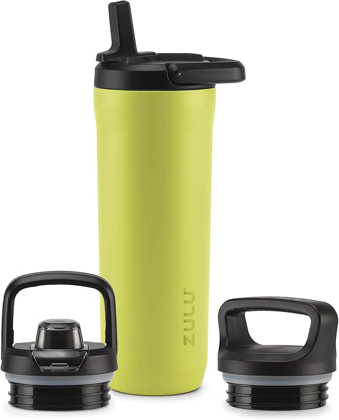 ZULU Base 18oz Kids Stainless Steel Water Bottle with 3 Lids- Straw, Chug, Twist | Double Walled and Vacuum Insulated Metal Thermos | Fits Car Cupholder, Built in Carry Loop, Dishwasher Safe, Guac