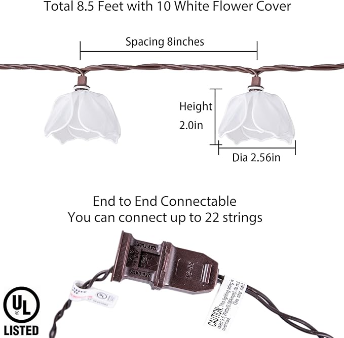 TWINKVILLA Decorative String Lights Plug in with 10 Bulbs, Flower Garland Fairy Lights Connectable Weatherproof Outdoor Indoor for Wedding Garden Pergola Bedroom Porch Floral Home Decor (White)