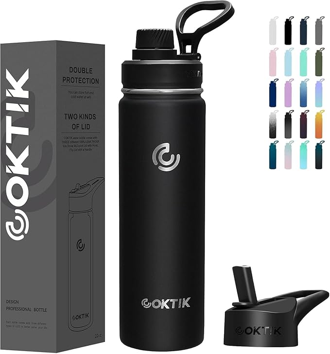 40 Pack 22 oz Sports Water Bottle With Straw,2 Lids, Stainless Steel Vacuum Insulated Water Bottles,Leakproof Lightweight, Keeps Cold and Hot, Great for Travel(Black)