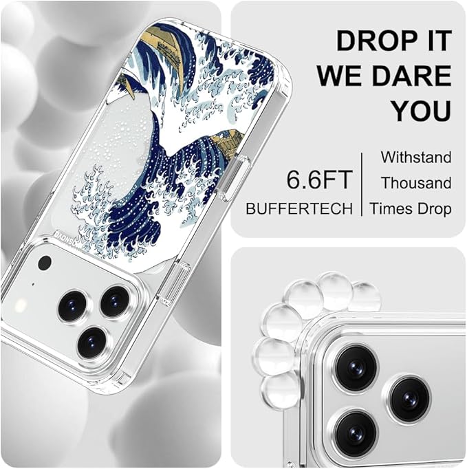MOSNOVO for iPhone 17 Pro Case | Military Grade 6.6ft Drop Tested | Camera Control | Clear with Great Wave Design