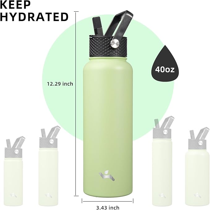 Konokyo 40oz Insulated Water Bottle Stainless Steel Sport Bottles with 3 Lids,Macaron Green