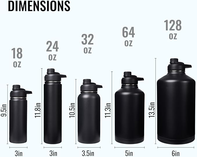 Fijinhom 32 oz Insulated Water Bottle with Handle, 304 Stainless Steel Water Bottles with Wide Mouth, Double Wall Vacuum Sports Water Bottle, BPA Free, Keep Cold and Hot, Black/Gray