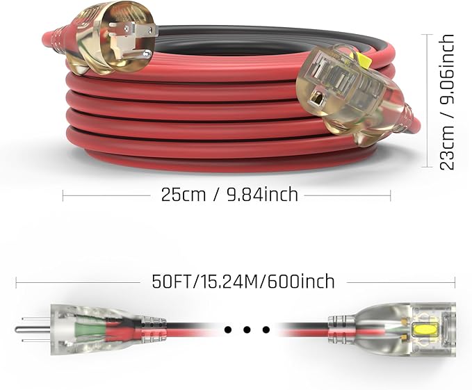 50FT Medium Duty Outdoor Extension Cords, 14/3 Gauge Electrical Wire Cable, 15 Amp Waterproof, LED Lighted Locking Plug for Indoor and Outside Use, Power Cord ETL Certified