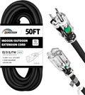 Indoor Outdoor Extension Cord Weatherproof with Lighted End, UL Certified, 10 Gauge 50FT Black 3 Prong Heavy Duty, 10/3 SJTW 15A Power Cord for Outdoor Lights, Lawn