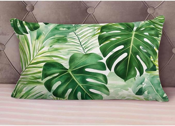 EKOBLA Throw Pillow Cover Green Tropical Palm Fern Leaves Jungle Foliage Farmhouse Decorative Pillow Cases Cotton Linen 12x20 Inch Cushion Cover for Sofa Couch Decoration