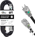 Indoor Outdoor Extension Cord Weatherproof with Lighted End, UL Certified, 10 Gauge 6FT Black 3 Prong Heavy Duty, 10/3 SJTW 15A Power Cord for Outdoor Lights, Lawn
