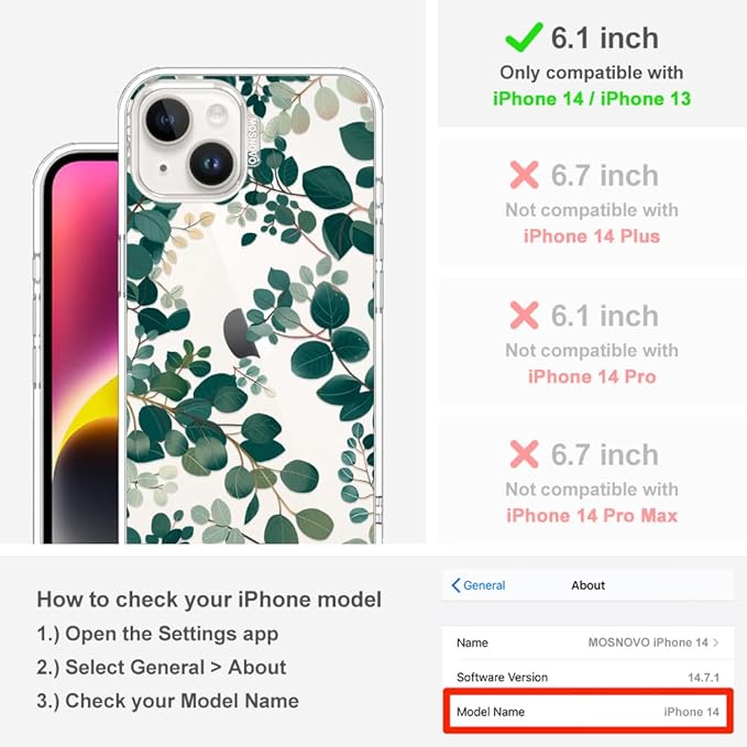 MOSNOVO for iPhone 13/14 Case | Military Grade 6.6ft Drop Tested | Clear with Eucalyptus Design