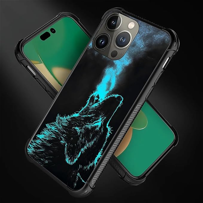for iPhone 14 Pro Max Case, Blue Breathing Wolf Pattern Graphic Design Girl Boy Soft Silicone Hard Acrylic Shock Protection for iPhone 14 Pro Max
