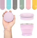 Collapsible Travel Cup with Lid (6oz/180ml) - BPA Free Silicone Folding Cup with Stainless Steel Rim - Portable Pocket Cup for Mouthwash,Pills, Hiking, Camping & Kids(Light purple)
