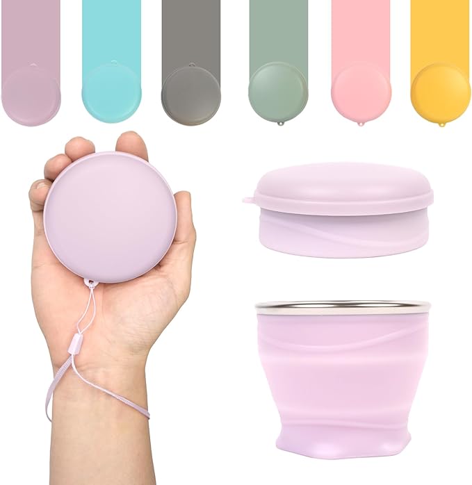 Collapsible Travel Cup with Lid (6oz/180ml) - BPA Free Silicone Folding Cup with Stainless Steel Rim - Portable Pocket Cup for Mouthwash,Pills, Hiking, Camping & Kids(Light purple)