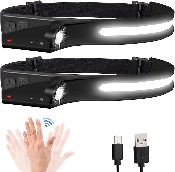 EGUKU Headlamp Flashlight, 2Pack Rechargeable LED Headlamps 1200Lumens 2 COB 230°Wide Beam Headlight with Bright 5 Modes Lightweight Waterproof Head Lamp for Outdoor Running, Camping Hiking