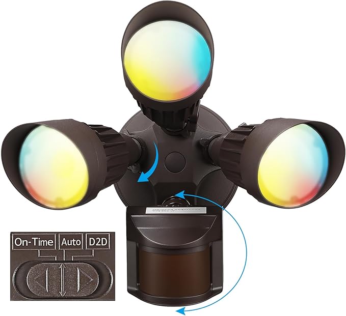 LEONLITE 3CCT LED Security Light Motion Sensor, Aluminum Flood Lights Outdoor, 3 Modes Motion Detector+Dusk to Dawn+Switch Control, 3000K/4000K/5000K Selectable, IP65, Adjustable 3-Head, ETL, Bronze