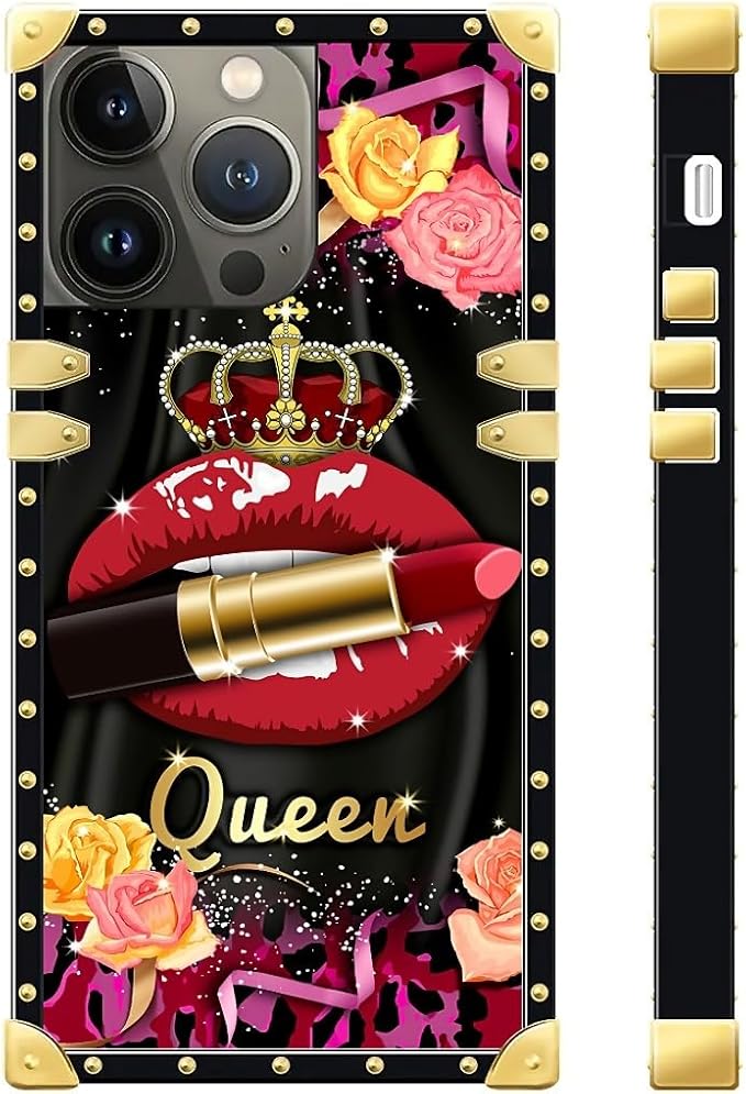 Compatible with iPhone 15 Pro Case, Queen Lip Crown Leopard Print Luxury Golden Decoration for Girl Women Soft TPU Shockproof Protective Hard PC Back for iPhone 15 Pro