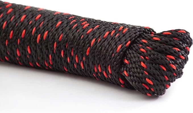 Rope Ratchet 1/4" 50 ft Braided Polypropylene Utility Cord, Weather Resistant Indoor Outdoor for Gardening, DIY Projects, Securing Loads, Binding, Knot Tying, Tarp Use, 150 lb Capacity - Black/Red